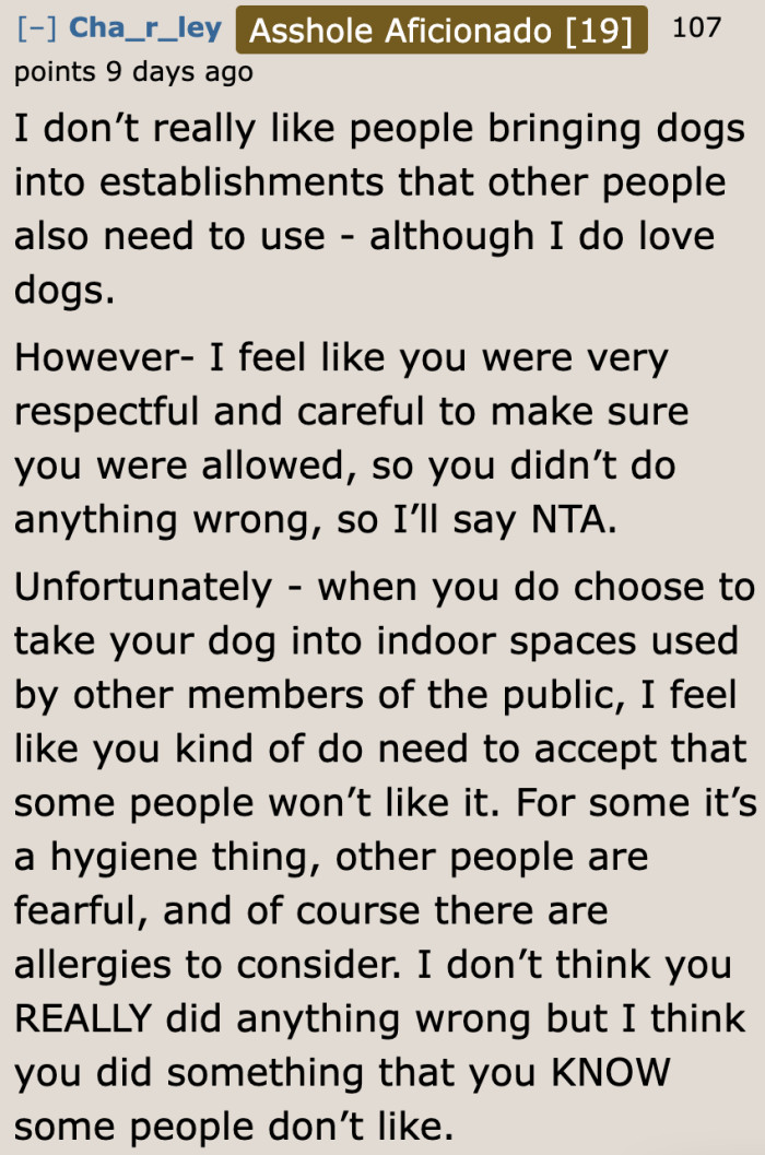 The OP just needs to accept that not all people will be okay with dogs inside a pharmacy.