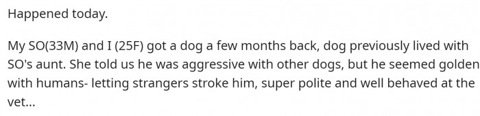 She and her partner got a dog from the partner's aunt. She told them he was aggressive with other dogs, but not with people.