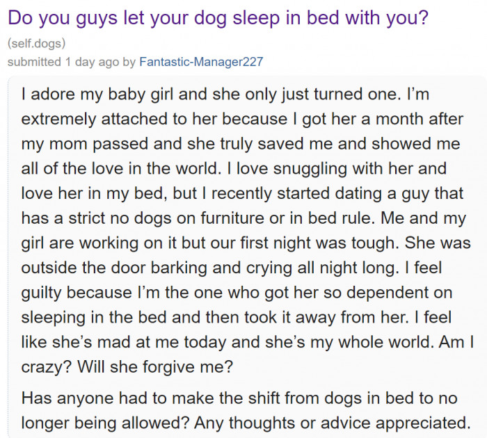 A woman is wondering if other pet owners allow their dogs to sleep in their beds.
