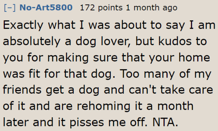 Redditors applauded the OP for preventing her family to take a dog that this family won't properly care for.
