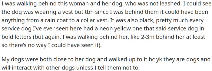 One day, OP was walking behind a woman and her dog, which was not leashed. OP couldn’t tell if the dog was wearing a vest since OP was far behind them.