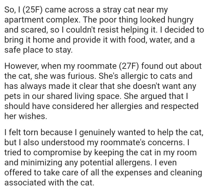 She's allergic to cats and has always made it clear that she doesn't want any pets in their shared living space