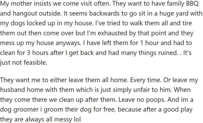 OP's mother has a large yard and a dog of her own, and the dogs love playing there. The mother often invites OP over for family gatherings and BBQs, but OP struggles with what to do with the dogs.
