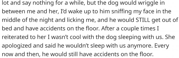 She agreed not to let the dog sleep with them, but allows it on the bed when OP is not around.