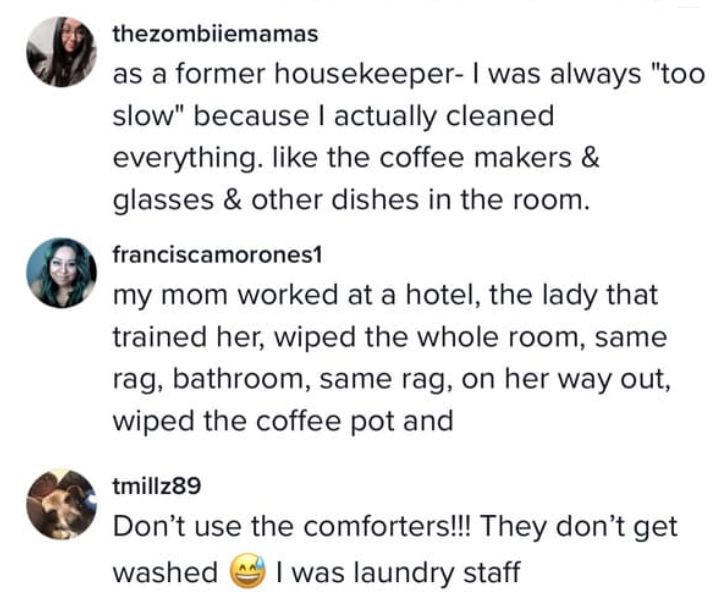 People shared their own experiences and insights about hotel hygiene issues.