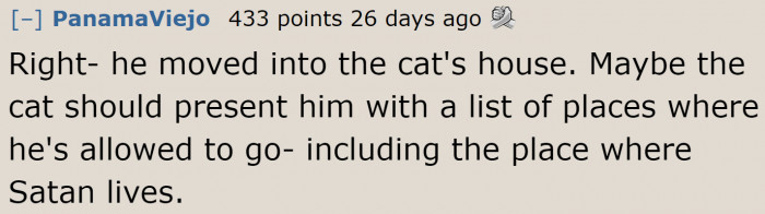 It's the cat who deserves to give him a list of where he isn't allowed.