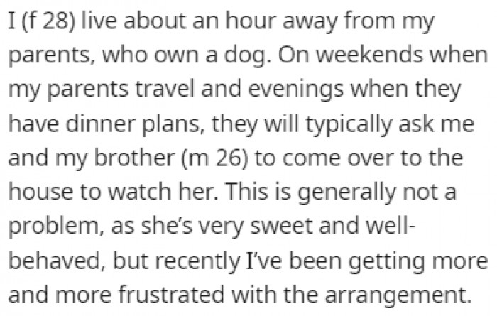 OP's parents would usually spend their weekends away from their house, so they asked their kids to take care of them