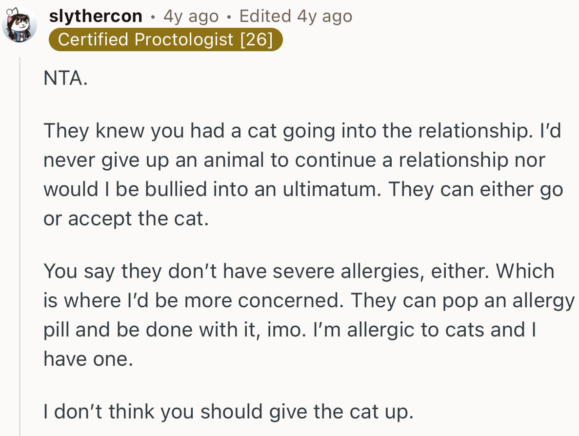 “I’d never give up an animal to continue a relationship.”