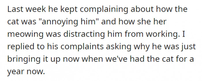 He complains about their “annoying” cat... after a year of getting it, which confused OP.