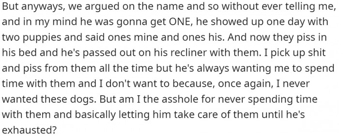 Despite this, their dad showed up one day with two puppies, claiming one was for him and one was for OP.