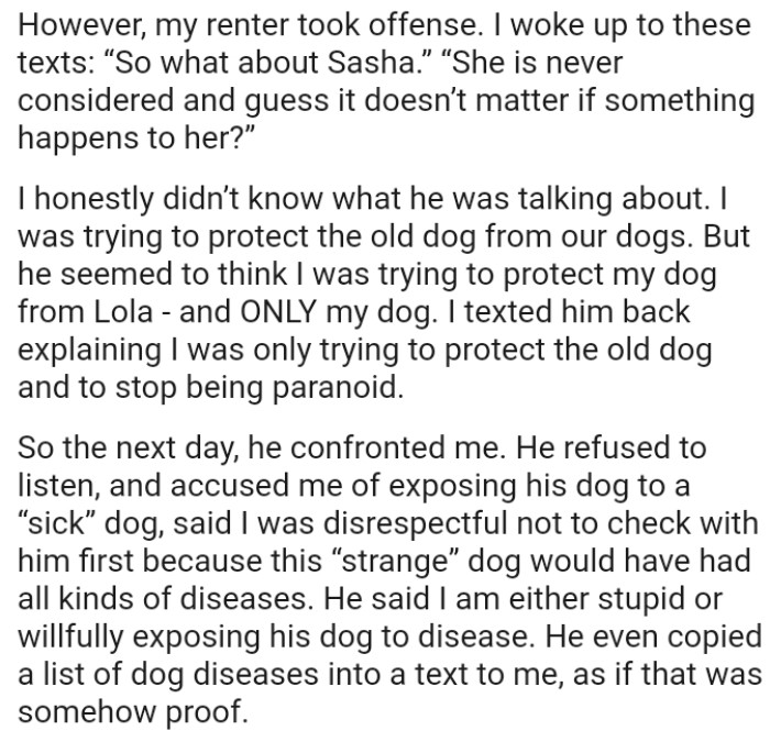 OP texted him back, explaining that she was only trying to protect the old dog and to stop being paranoid