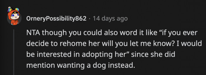 In her inquiry, OP shouldn't imply that Kristine and Martin can't take care of Pumpkin the way she can. She should only inform them about her interest in adopting her if they ever plan to do it.