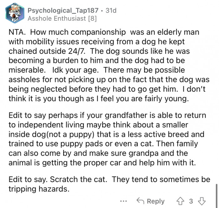 "How much companionship was an elderly man receiving from a dog chained outside 24/7?"
