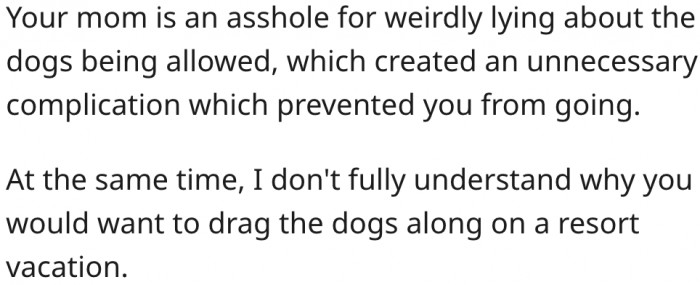 7. His mother may be in the wrong for lying about dogs being allowed, but it doesn't make sense why he wants to take the dogs along.