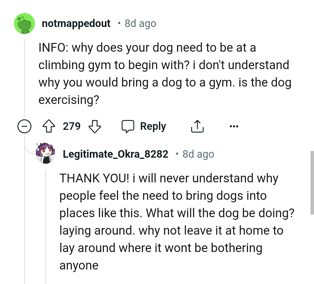 This Redditor can understand why the OP brought a dog to the gym