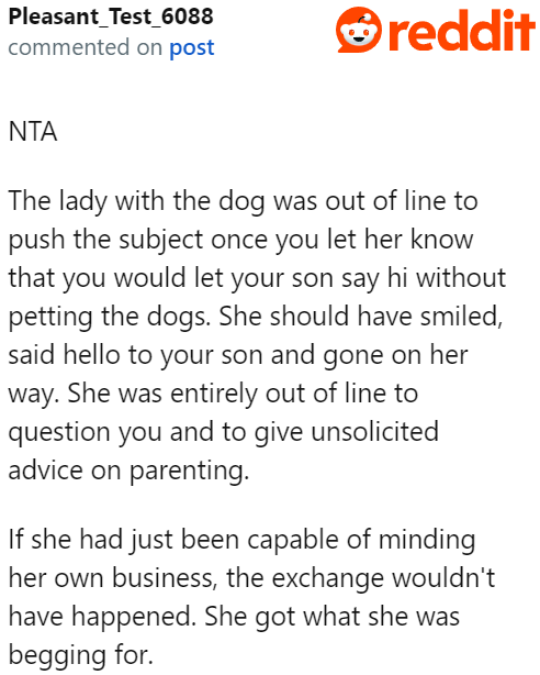 Redditors believe that the senior lady was out of line when she pushed for her dog to go closer to the OP's son.