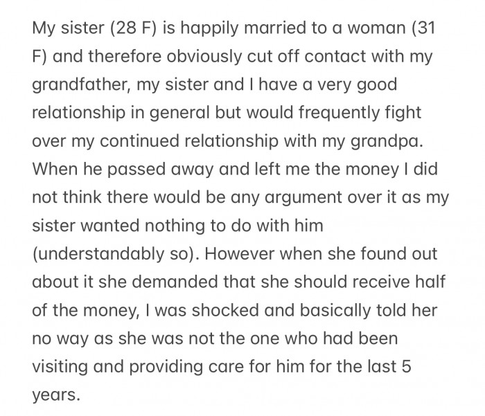 OP's sister is part of the LGBTQ+ community and had cut all contact with her grandpa long ago.