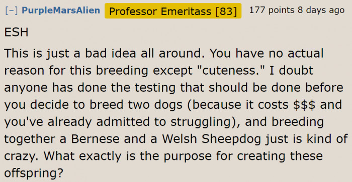 Redditors criticize both parties for wanting to do backyard breeding.