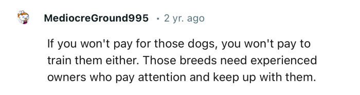 “If you won't pay for those dogs, you won't pay to train them either.”