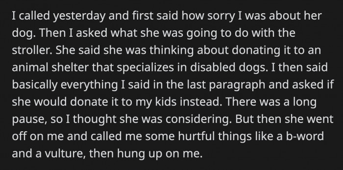 OP Called Sasha and Expressed Her Sympathies for Her Loss. She Also Brought Up the Stroller and Asked What Sasha Planned to Do with It.