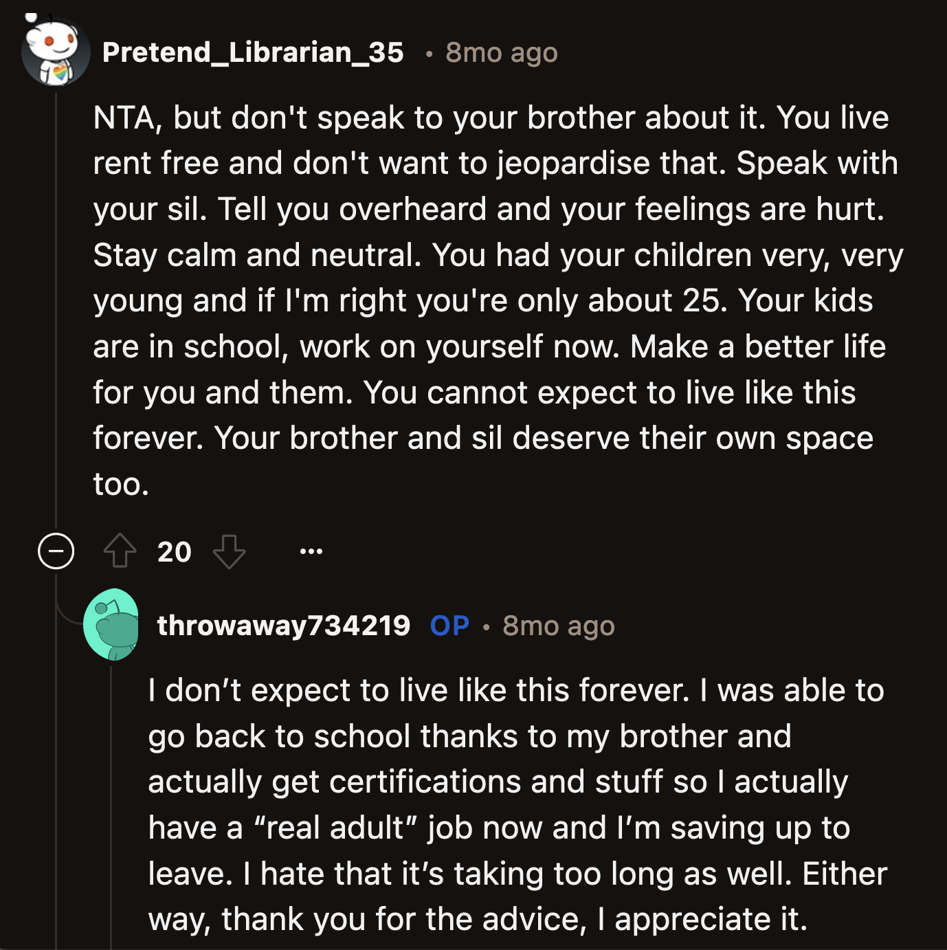 Redditors advised OP against confronting her brother or SIL as it could jeopardize her and her children's living arrangement.