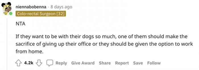 Her coworkers should stay home if they want to spend time with their dogs so much.