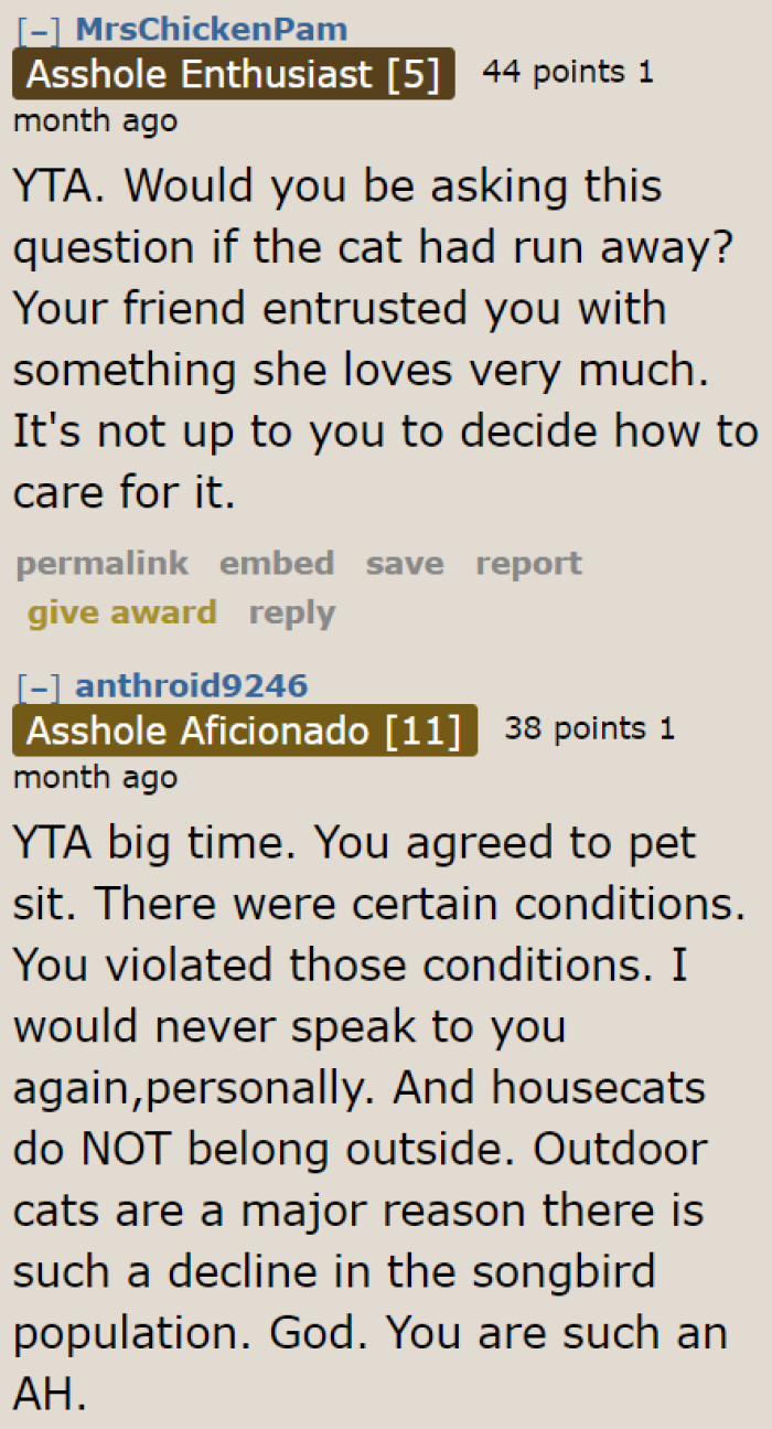 Letting the cat outside without a leash is not her decision to make.