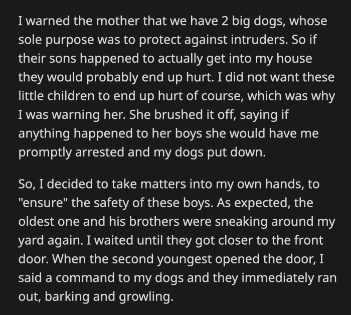 The children trespassed on their yard again, sucessfully unlocked the front door, and came face to face with OP's large dogs