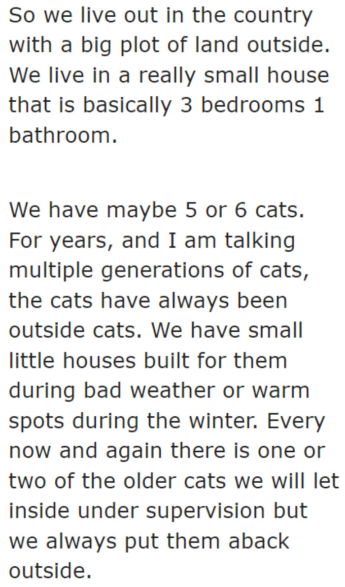 The OP says they have a big plot of land, but they live in a small home. They have lots of cats being kept outside.