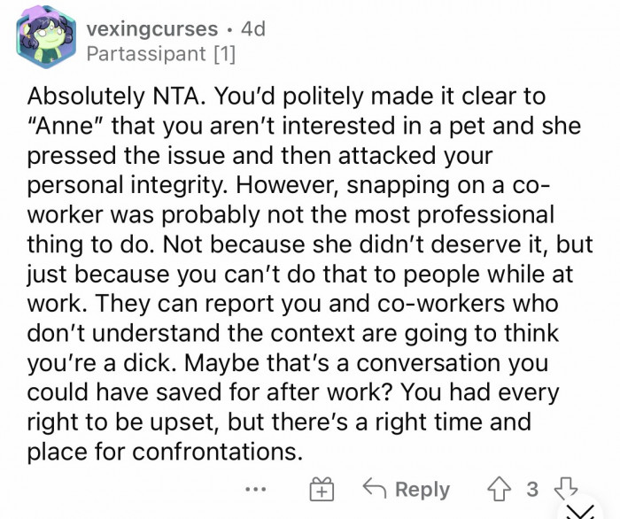 Although snapping at a coworker while at work, she definitely went over the line.