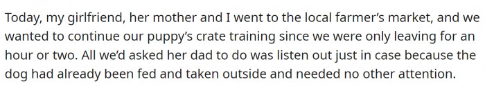 The puppy was left alone with the FIL, and he received somewhat vague instructions on how to handle it.