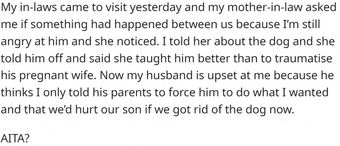 OP's in-laws noticed that something is off. Once OP informed them of the issue, they sided with her, further irritating her husband.