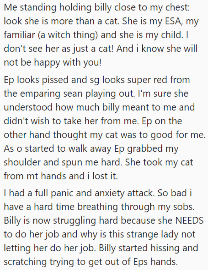 The mom snatched the cat from the OP. The OP then started having a panic attack.