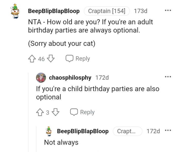 If the OP is an adult, then birthday parties are always optional