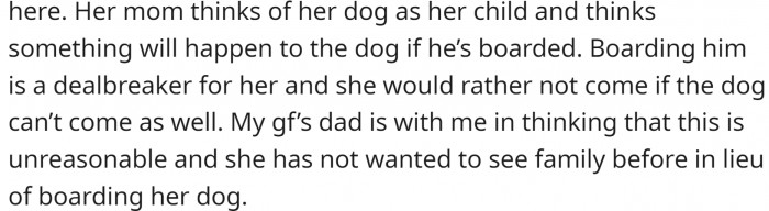 The girlfriend's mom won't even discuss boarding the dog. GF's dad is on the same page as OP.