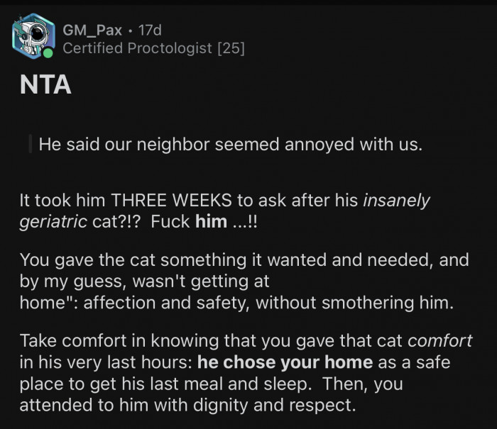 The cat chose OP over his owner, and that says it all.