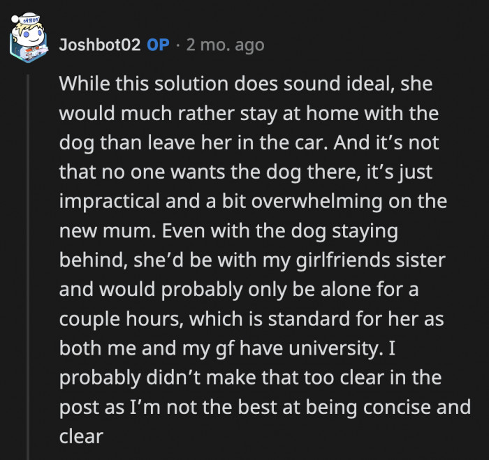 OP said this solution wouldn't be received well by his girlfriend, who would rather stay home than go to his family's house while the dog is locked in the car.