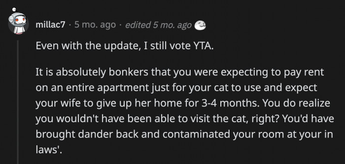 One specific commenter believed that OP was still the a**hole despite the update.