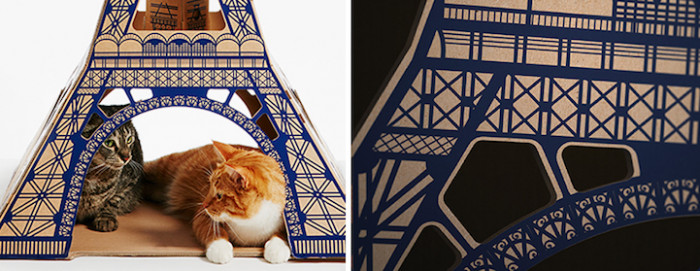 Cardboard cat furniture inspired by the Eiffel Tower, calm landmark design