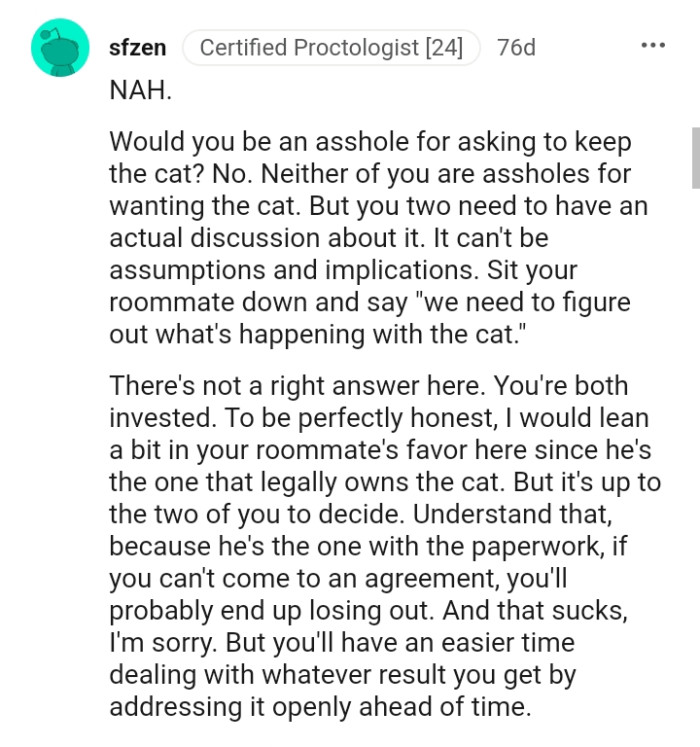 This Redditor is leaning a bit on the roommate's side