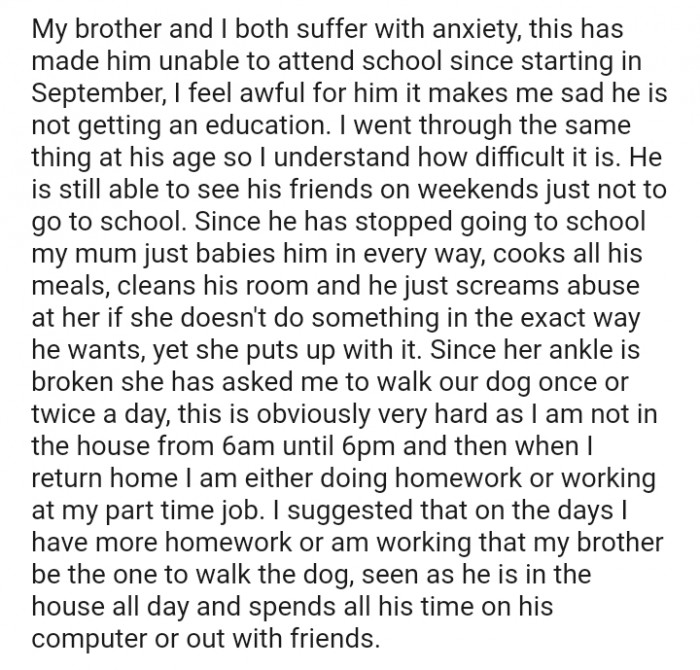 The OP has asked me to walk our dog once or twice a day