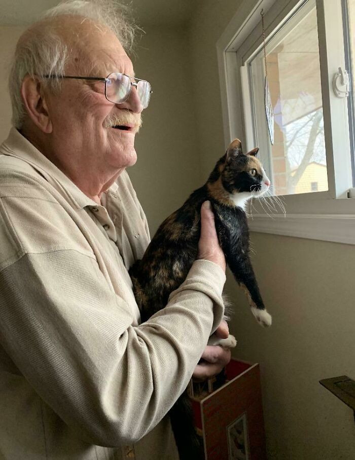 "My Grumpy Dad When He Holds Up The Cat So She Can Look Out The Window"
