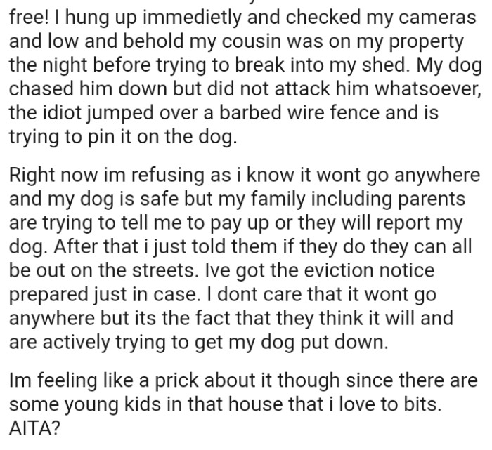 OP is refusing to pay, as she knows it won't go anywhere and her dog is safe, but her family is trying to pressure her to pay up.