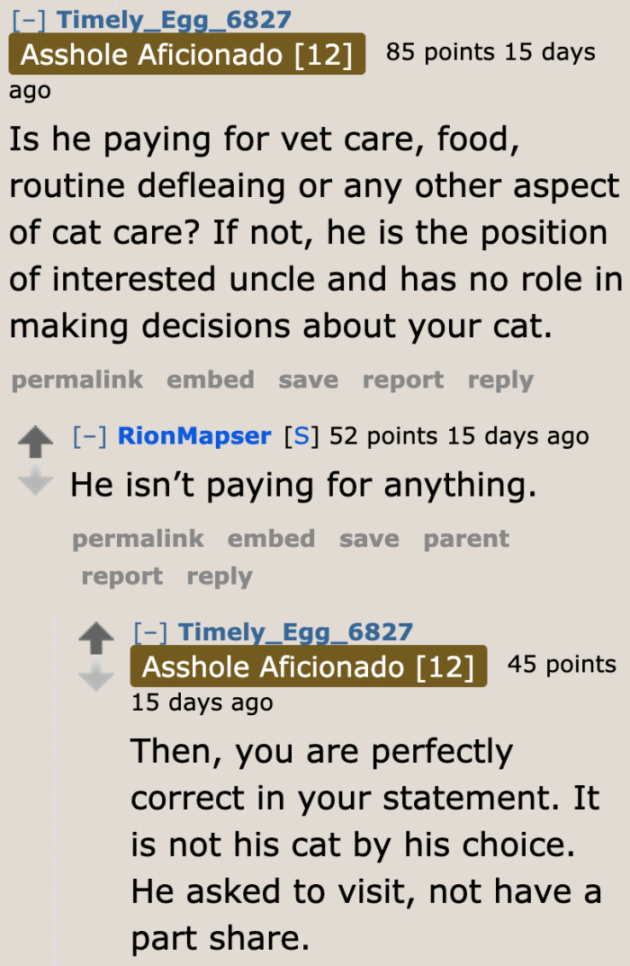 The friend isn't paying anything for the cat. Therefore, it's not a shared responsibility.