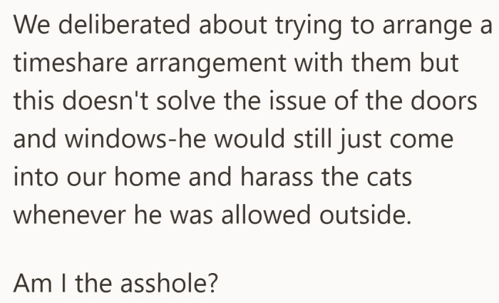 Even a shared schedule would not stop the kitten from slipping in and terrorizing their cats through open windows.