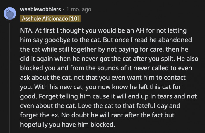 None of her ex's behavior pre- and post-breakup indicated that he cared about the cat that much.