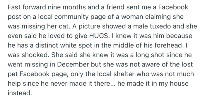 OP discovered that the cat she took in belonged to someone else, and the owner had put up a post on facebook her missing cat