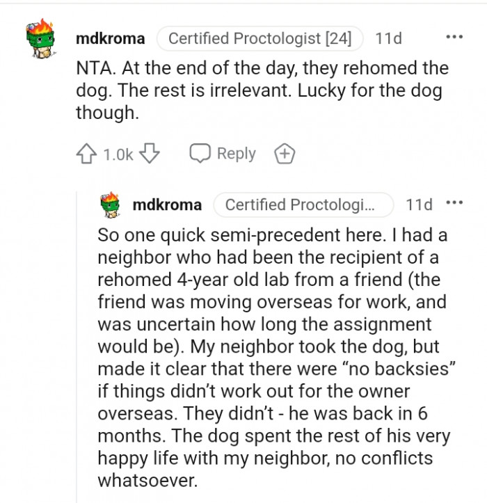 They rehomed the dog and the rest is irrelevant