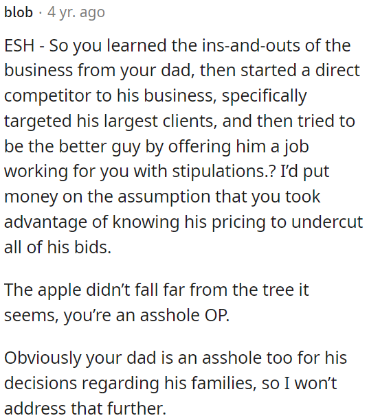 OP may have used inside information to undercut their dad's prices and criticize his actions.