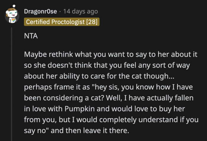 Redditors came up with non-antagonistic ways for OP to broach the subject of wanting Pumpkin as her pet